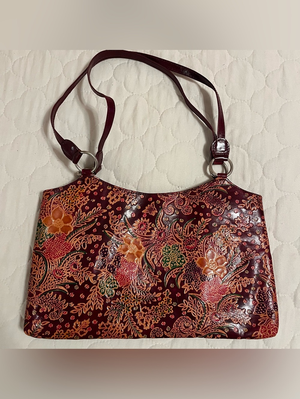 Vintage 90s Y2k Express Leather Floral Embossed Burgundy Shoulder Bag